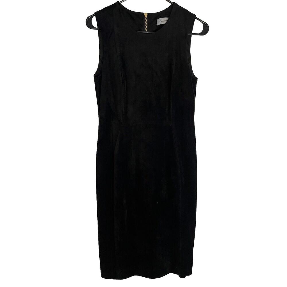 CALVIN KLEIN Faux Suede Black Knee High Gold Zip Sz 8 Dress EUC